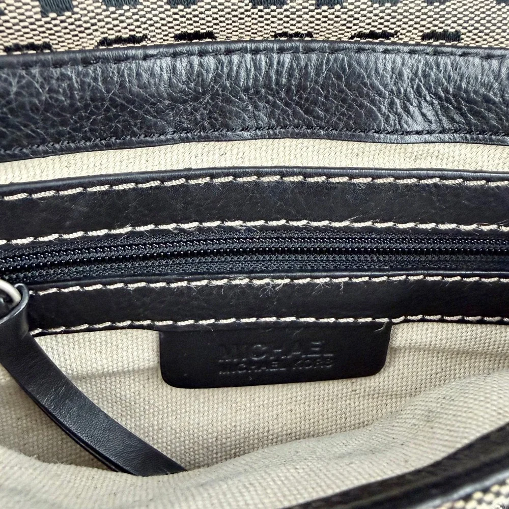 Michael Kors Monogram Canvas Leather Trim Shoulder Bag Tan Black MK Purse